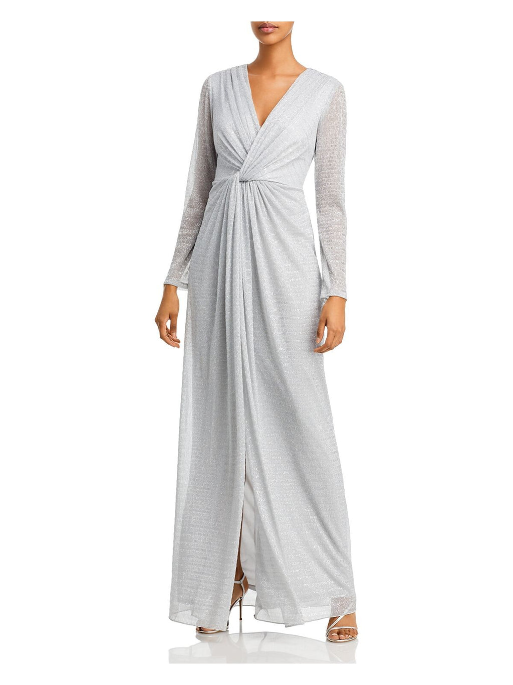 Silver Zippered Long Sleeve Full-Length Evening Gown Dress U72339