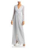 Silver Zippered Long Sleeve Full-Length Evening Gown Dress U72339