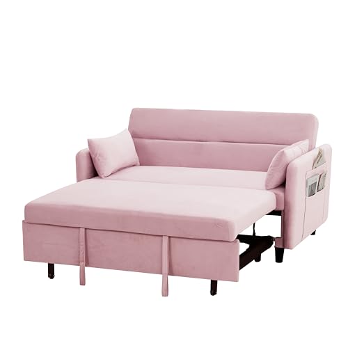 Pink Velvet Sleeper Sofa Couch Bed with Two Pillows I1282