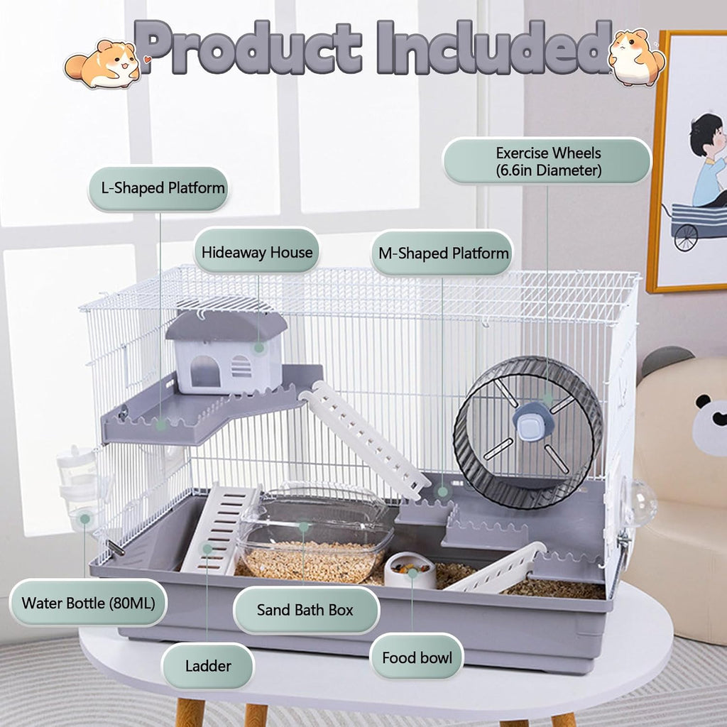 Large 3-Levels Grey Hamster Cage with Accessories V934262