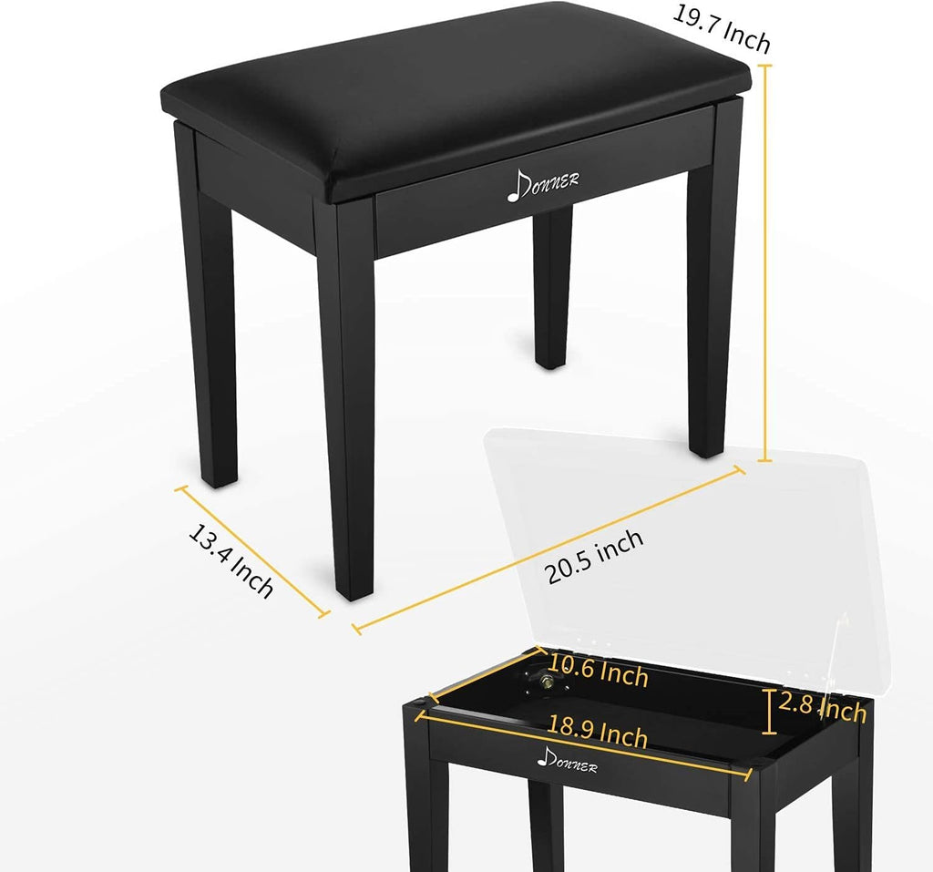 Black Solid Wood Piano Bench with Storage P895345
