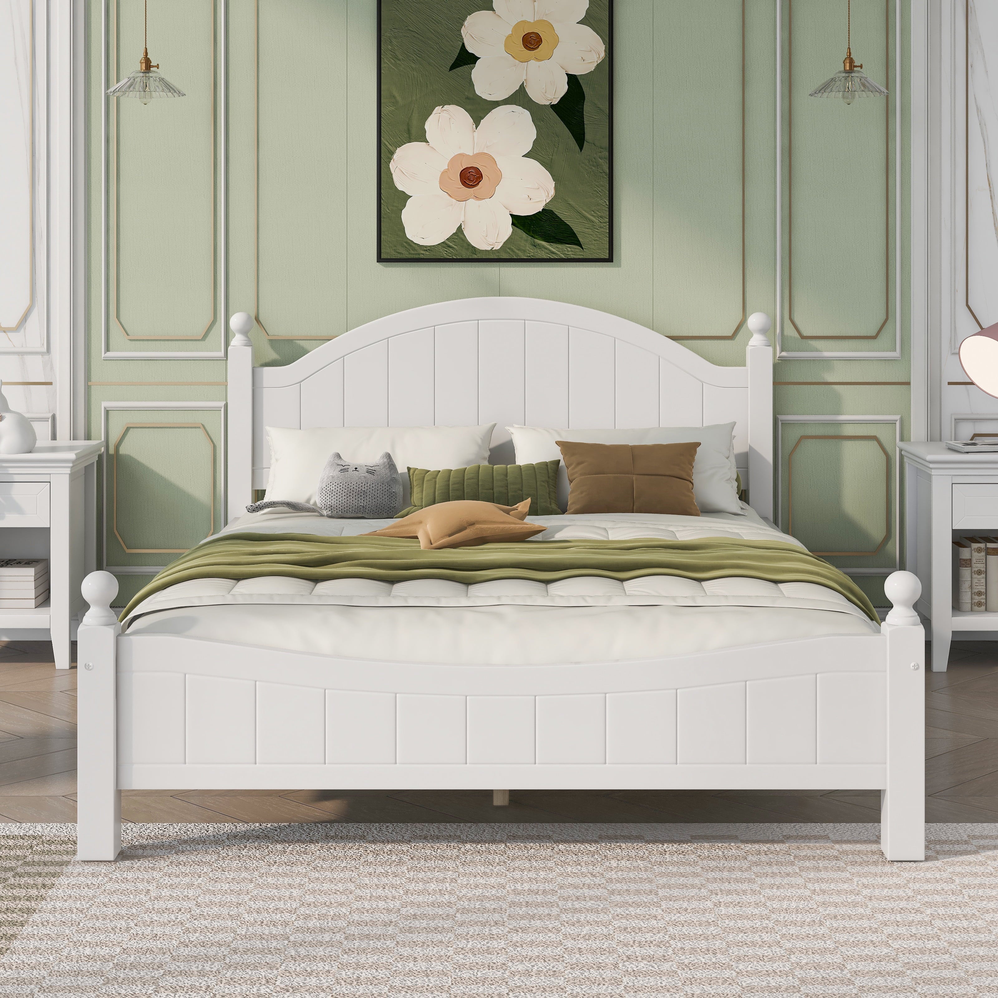 Queen Size Solid Wood Platform Bed with Headboard and Footboard White P3741