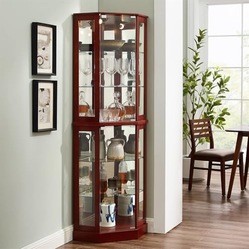 6-Tier Lighted Corner Curio Cabinet with Mirrors and Adjustable Shelves (Cherry) G426