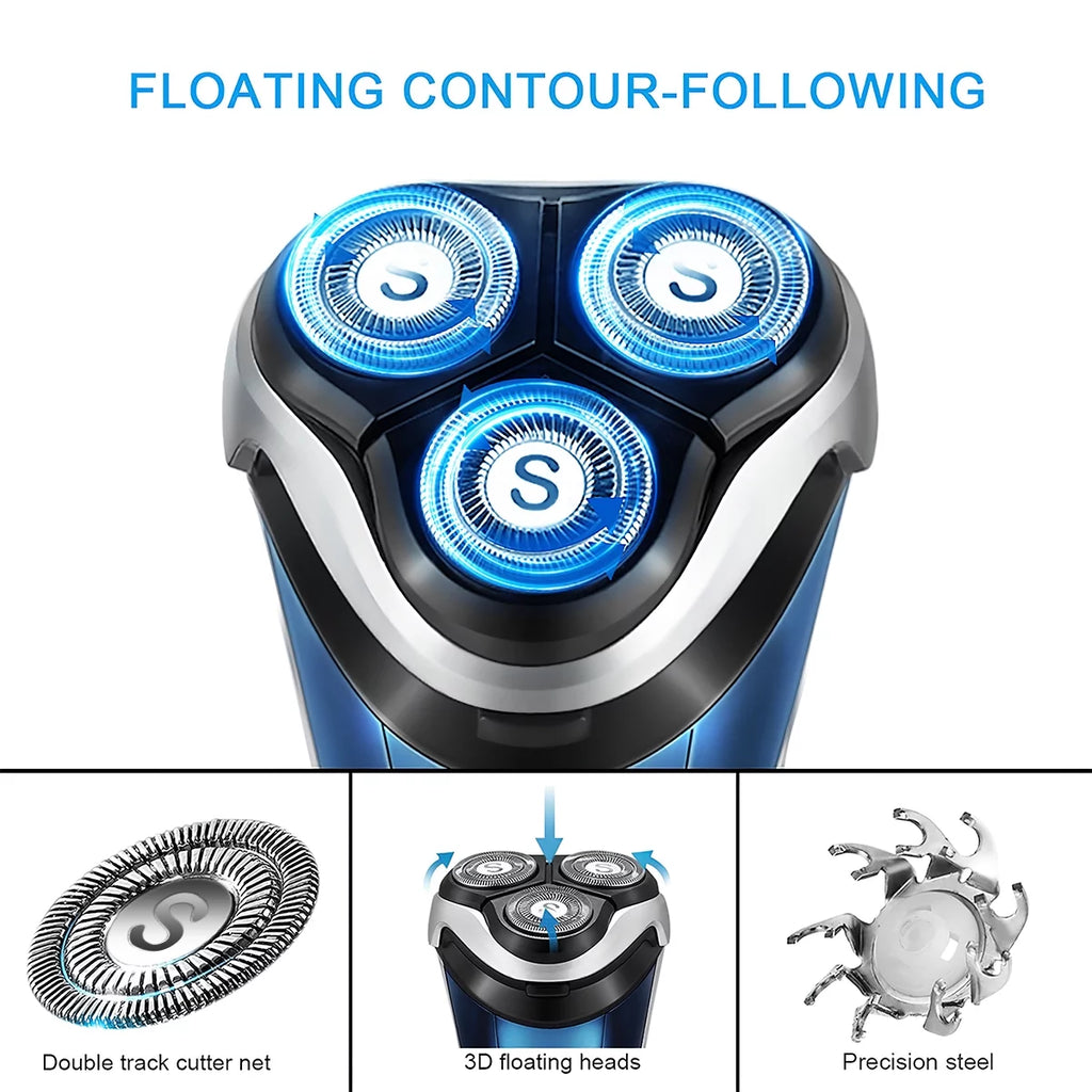Blue IPX7 Waterproof Electric Razor with Pop-up Beard Trimmer Y601
