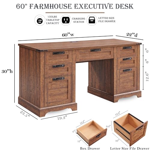 60" Farmhouse Desk with Drawers, Charging Station, Keyboard Tray, File Drawer, Storage Cabinet (Natural Oak) O70035
