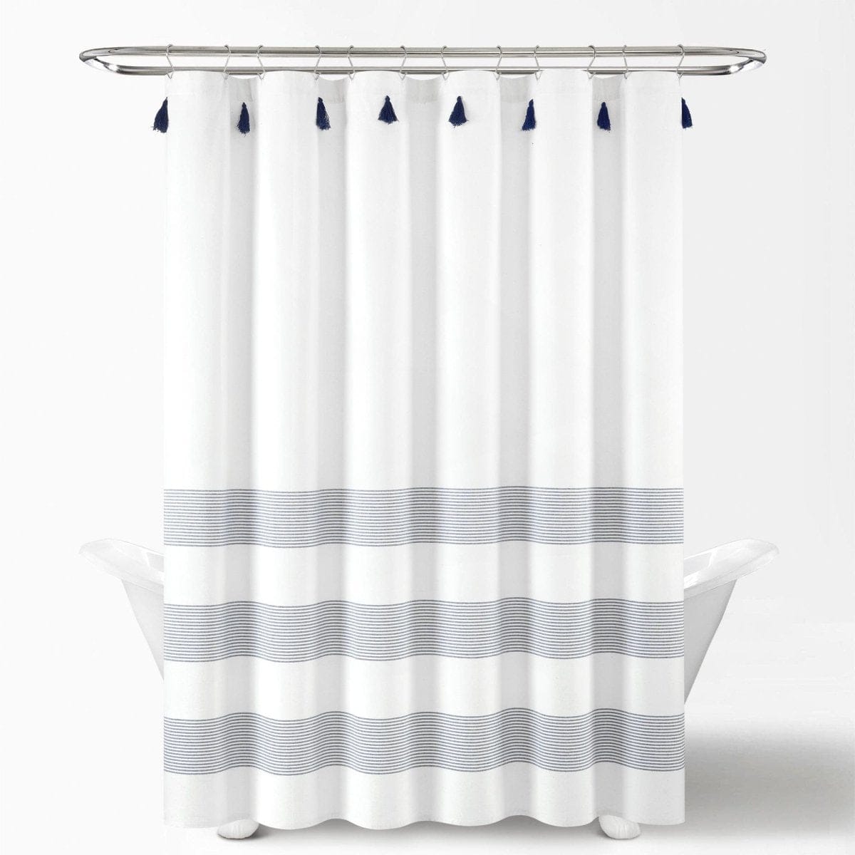 Boho Tassel Stripe Yarn Dyed Recycled Cotton Blend Shower Curtain