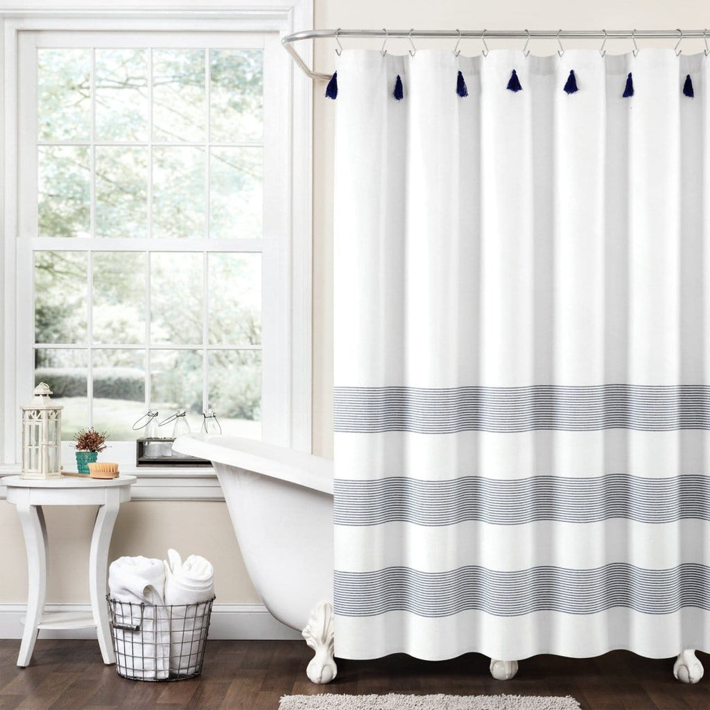 Boho Tassel Stripe Yarn Dyed Recycled Cotton Blend Shower Curtain