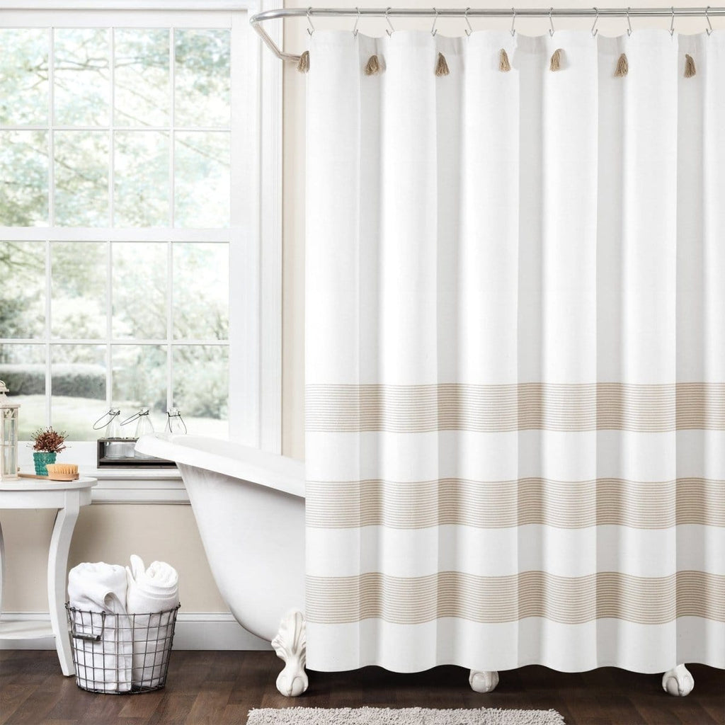 Boho Tassel Stripe Yarn Dyed Recycled Cotton Blend Shower Curtain