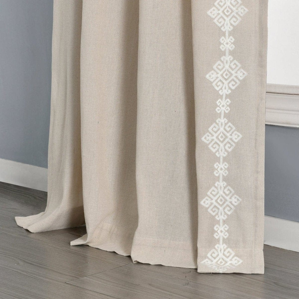 Luxury Modern Geo Linen Like Embroidery Border Window Curtain Panel