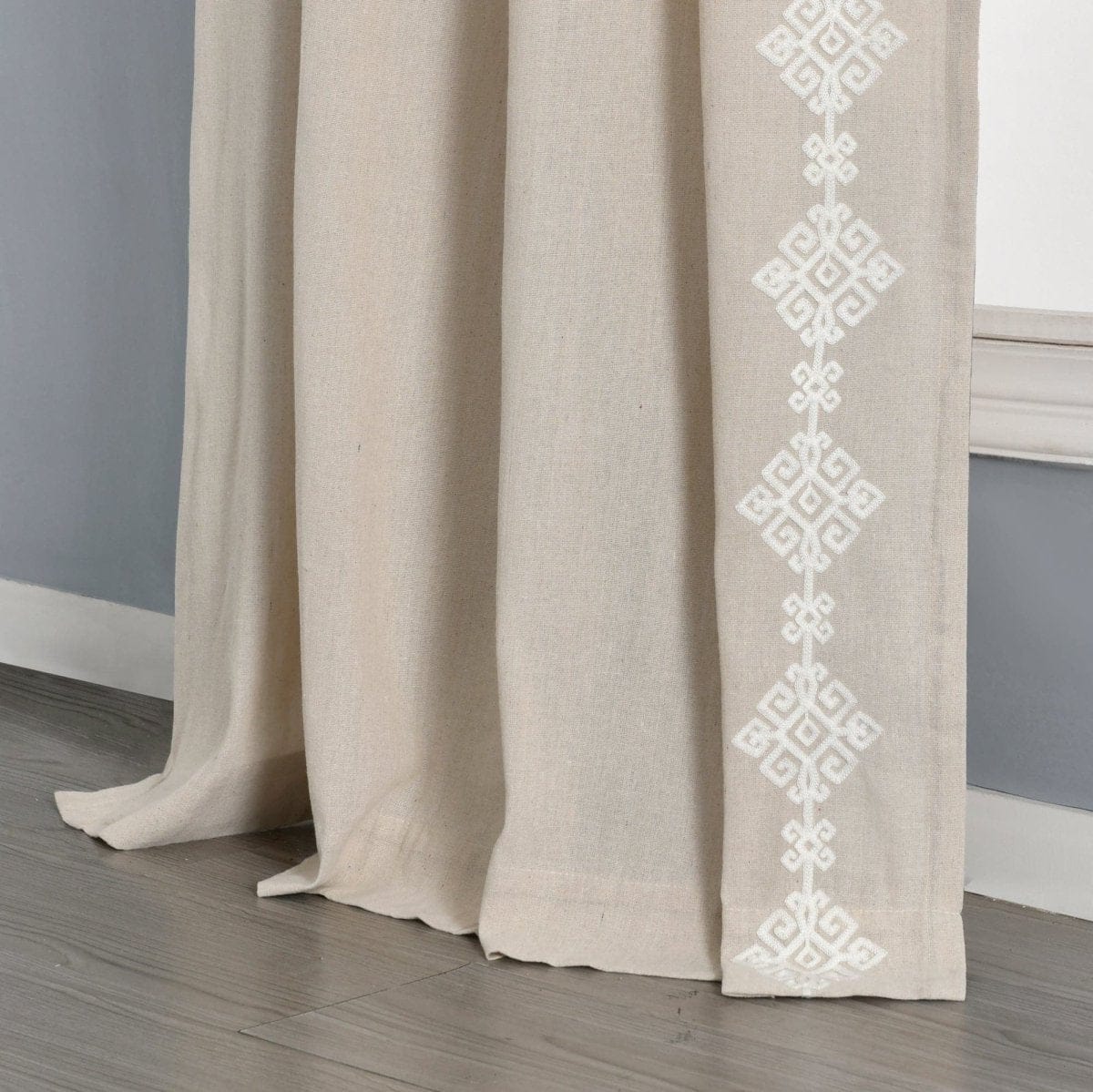 Luxury Modern Geo Linen Like Embroidery Border Window Curtain Panel