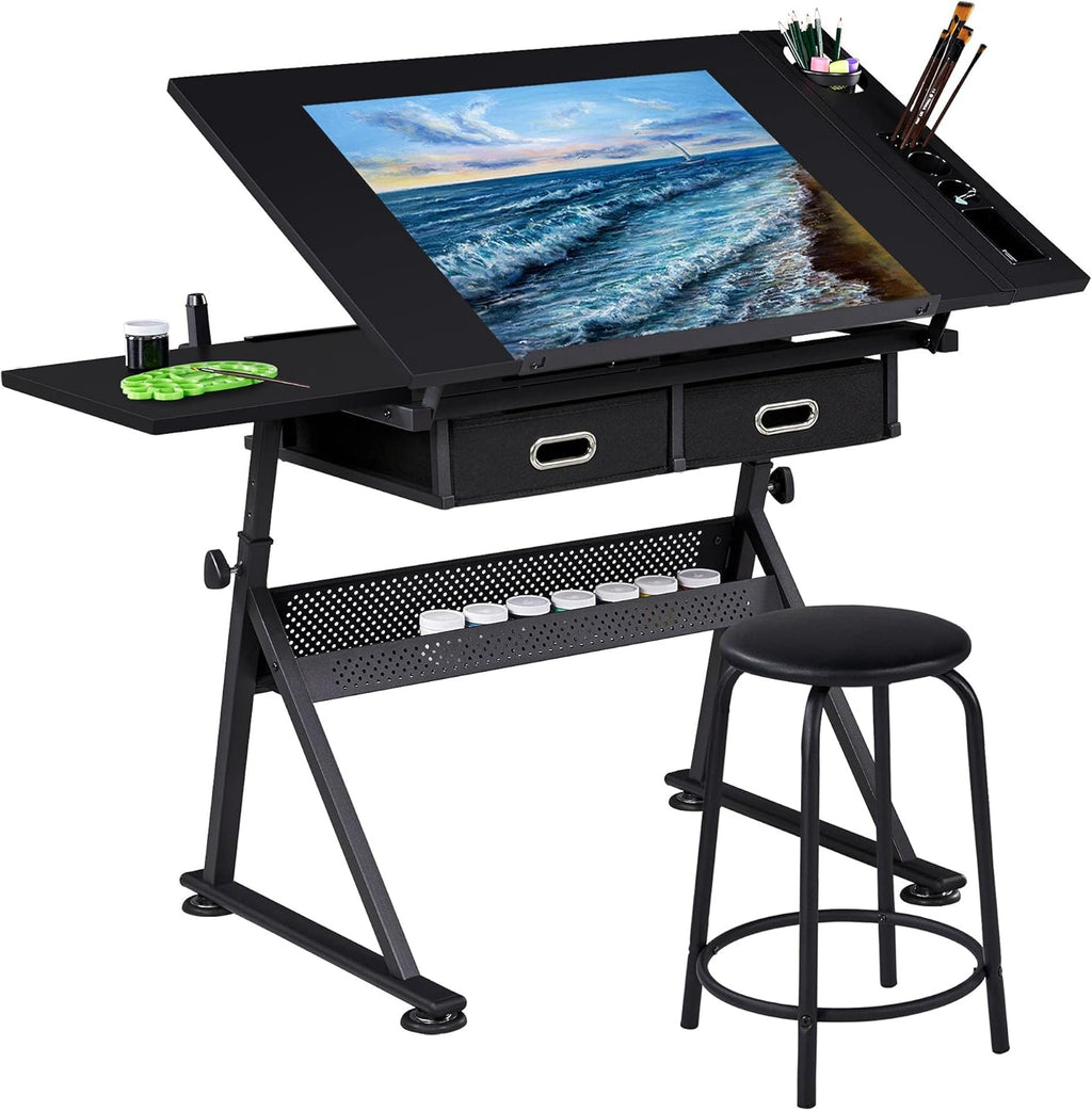 Height Adjustable Drafting Desk with Tiltable Tabletop and 2 Storage Drawers Y68050