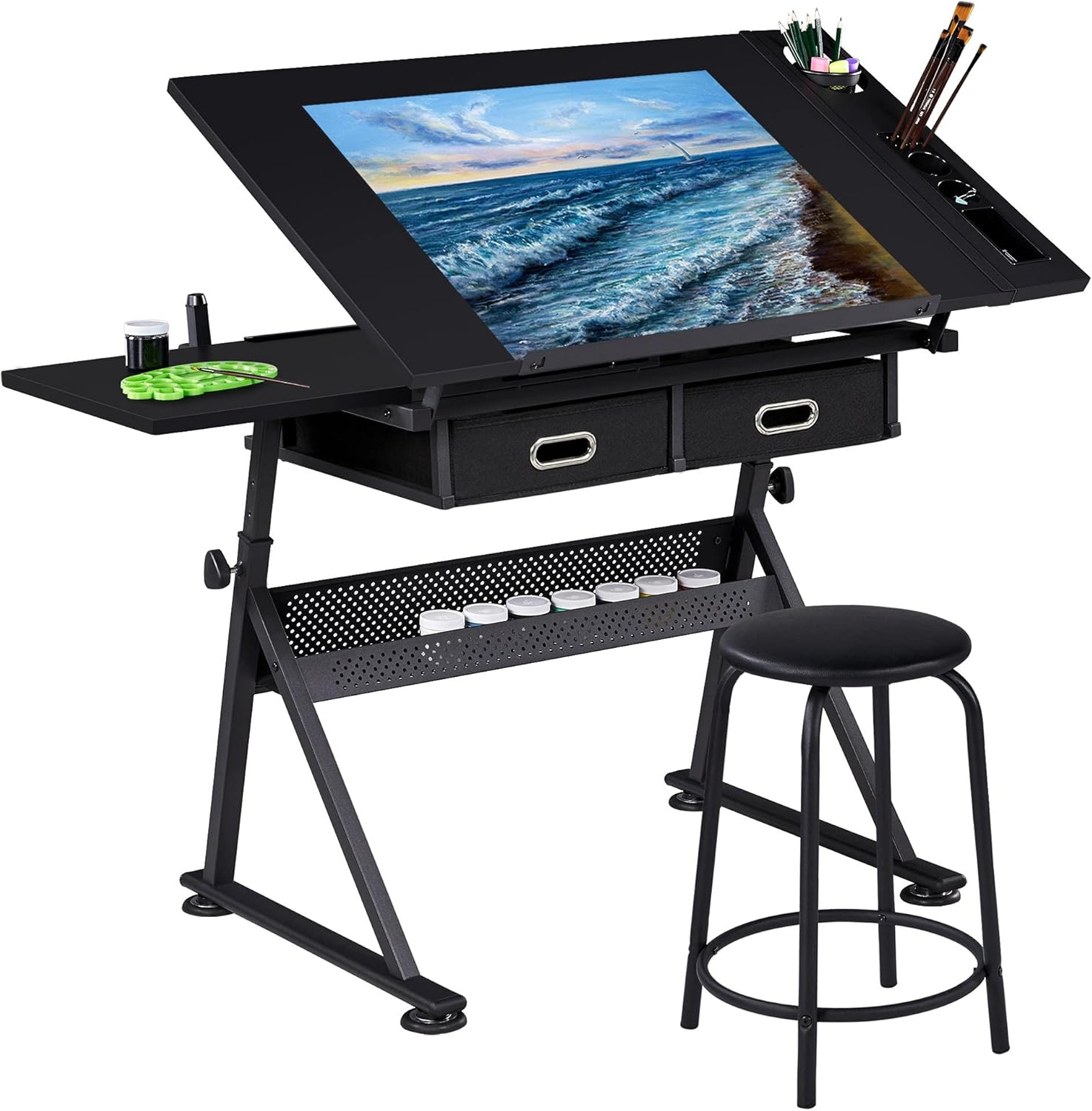 Height Adjustable Drafting Desk with Tiltable Tabletop and 2 Storage Drawers Y68050