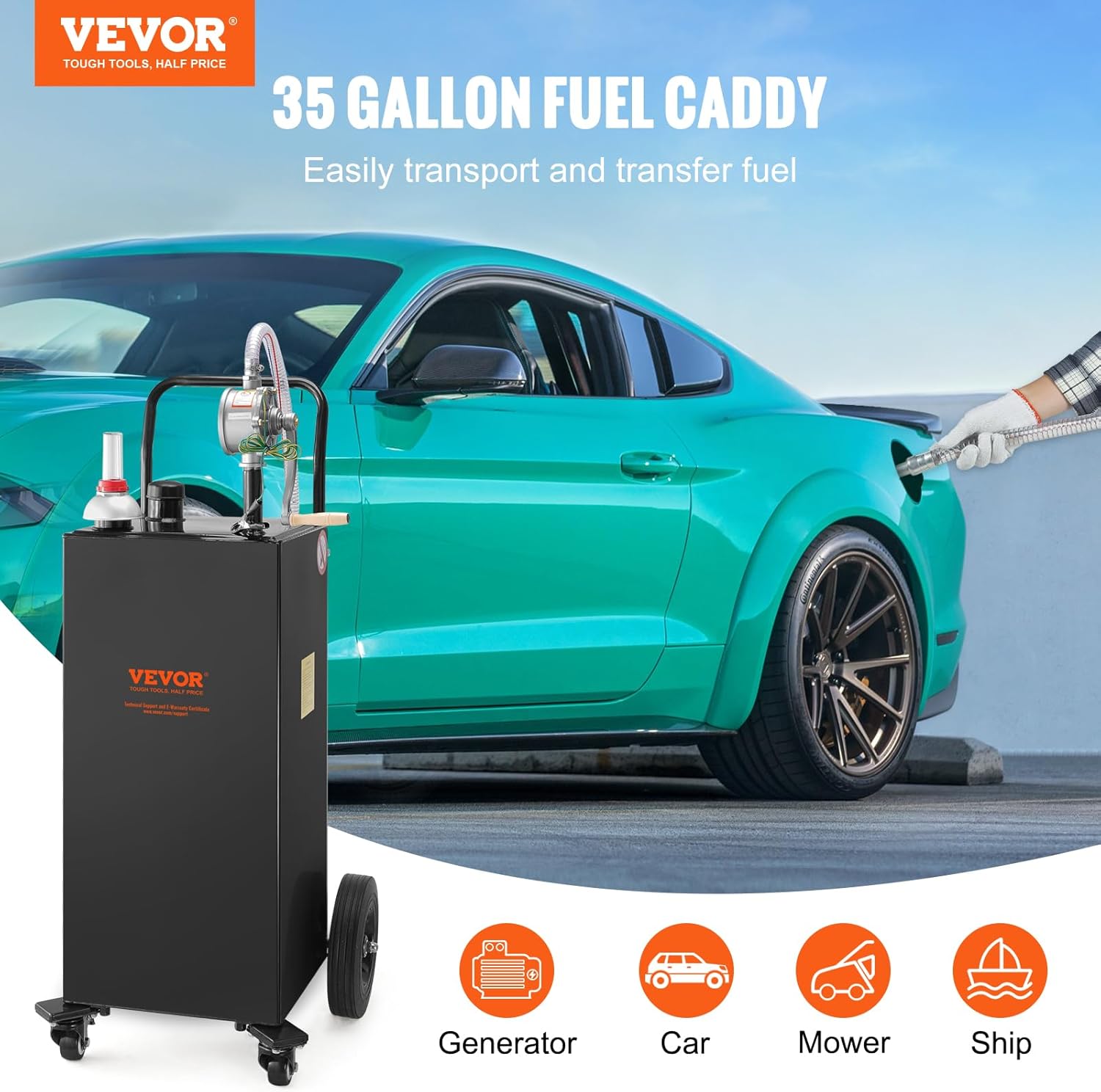35 Gallon Black Fuel Caddy on 4 Wheels with Manual Transfer Pump Q99255