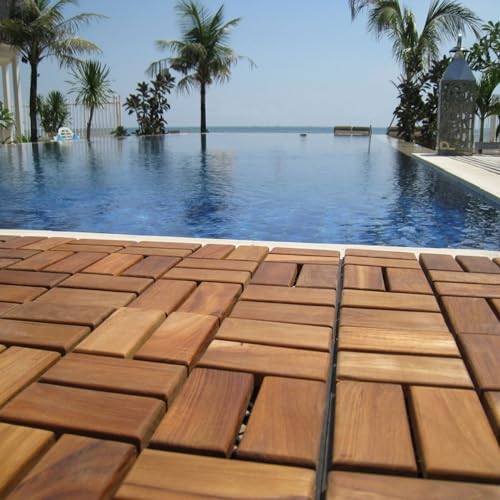 Teak Interlocking Tiles Wooden Floor Tile Set 10 Square Feet 12" x 12" 9 Slat Design Oiled Finish T619720