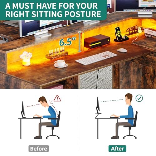 Grey L Shaped Desk with Power Outlets & LED Lights, 60" Computer Desk with Drawers & Lift Top, Height Adjustable Desk with File Cabinet I849088
