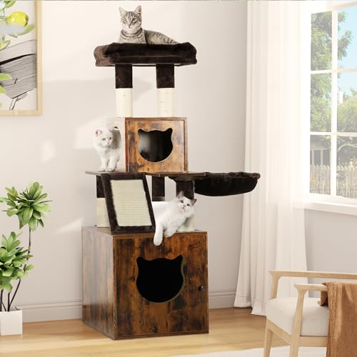 Brown Wooden Cat Tree with Litter Box Enclosure Q776