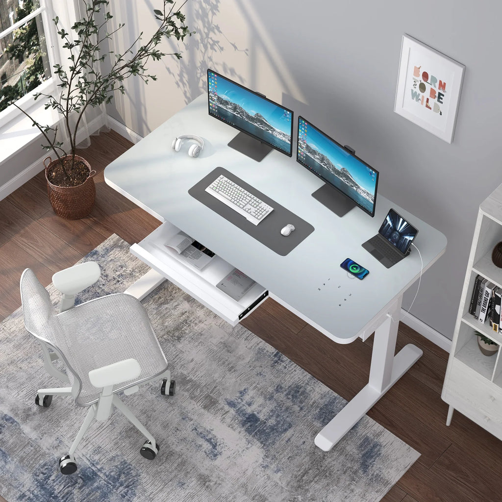 White Electric Glass Standing Desk with Drawers J703