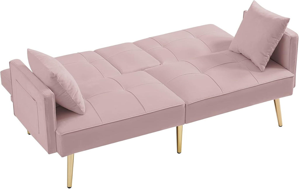 Pink Velvet Convertible Futon Loveseat Sofa Bed with 2 Cup Holders Y10250