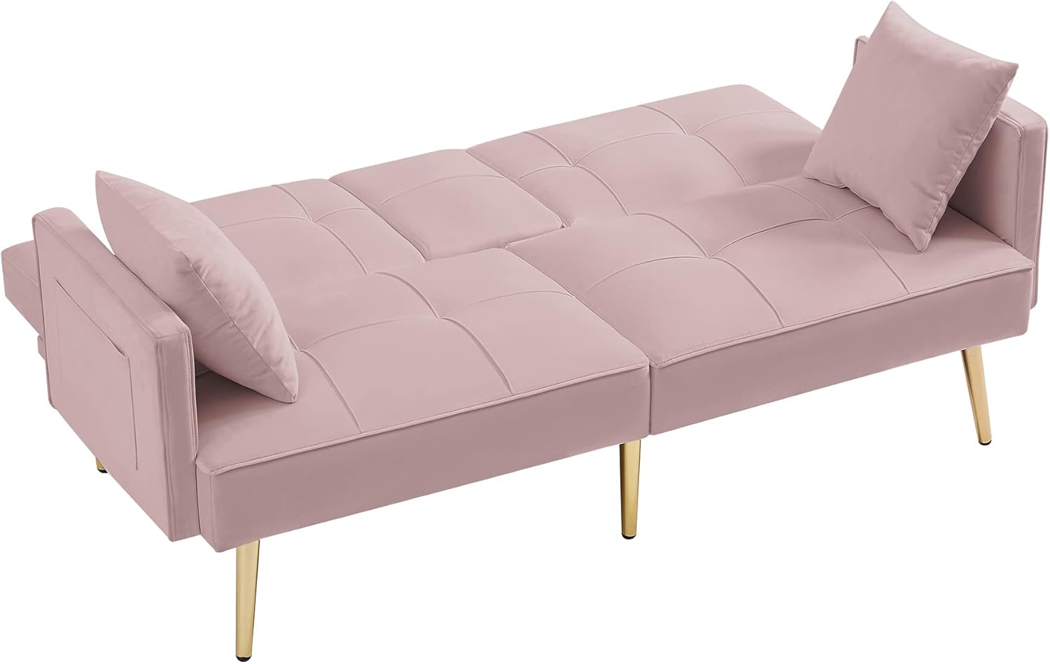 Pink Velvet Convertible Futon Loveseat Sofa Bed with 2 Cup Holders Y10250