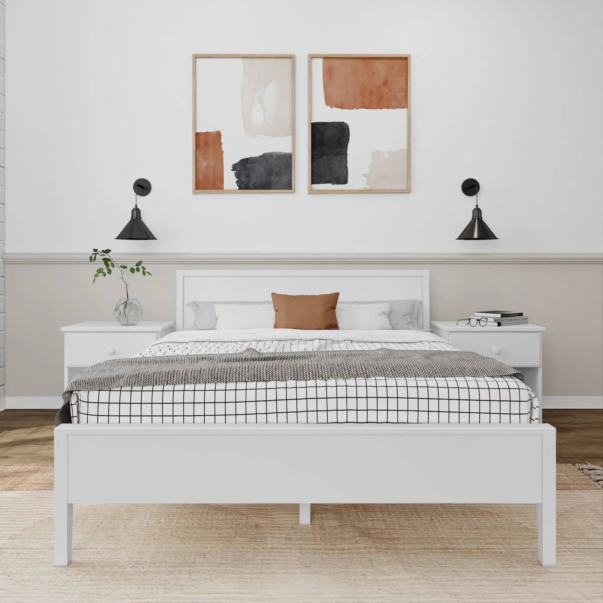 White Solid Wood Queen Bed Frame with Headboard F12434