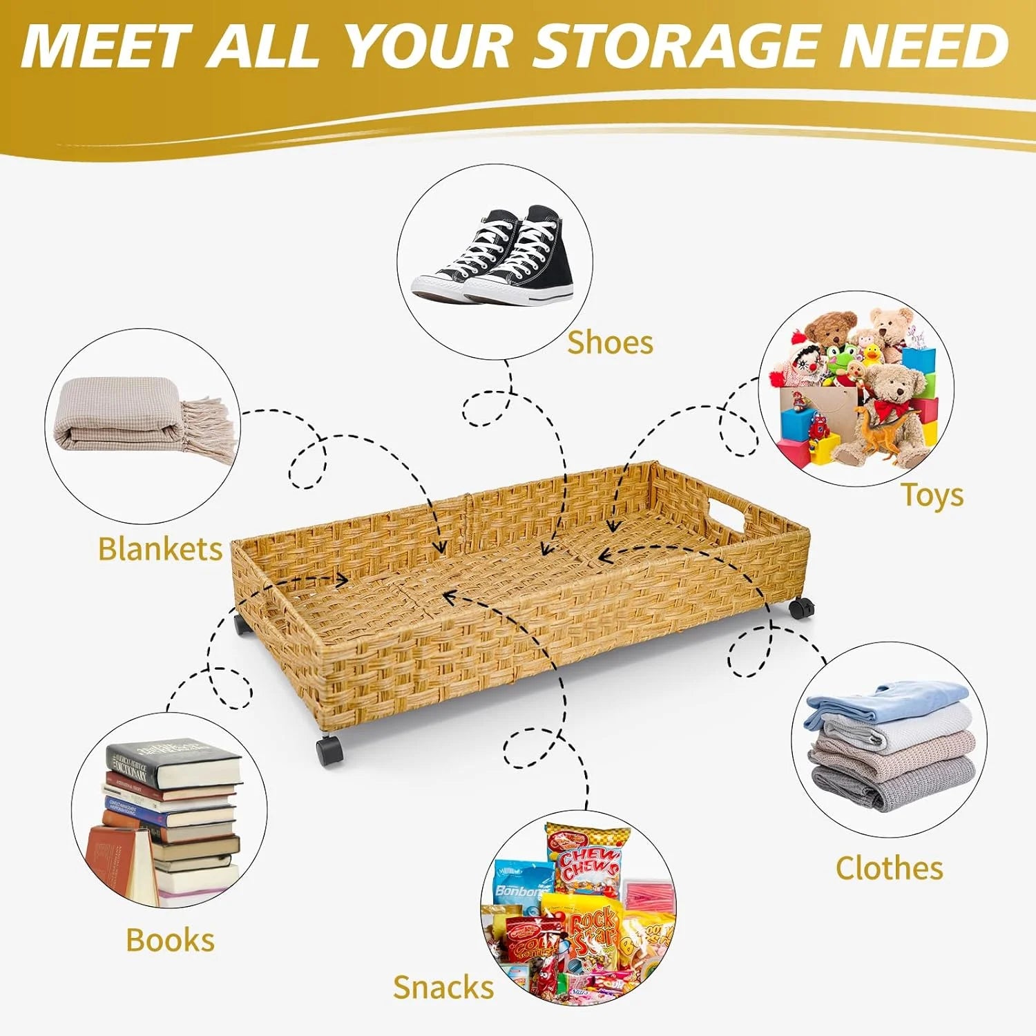2 Pack 31.5in Rolling Rattan Under Bed Storage Bins S546