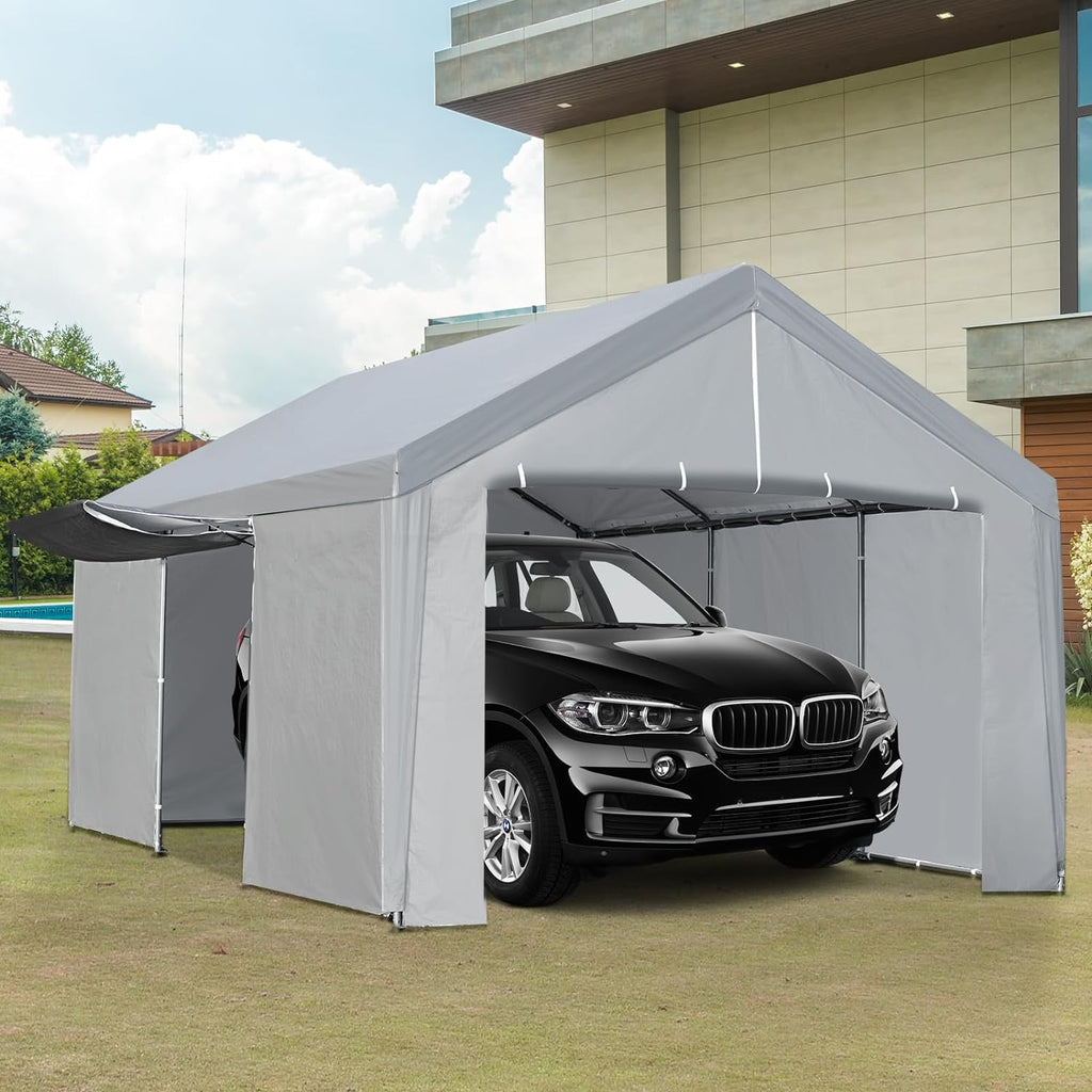 Grey Heavy Duty Metal Frame Carport 13×20 FT with Removable Sidewall & Door K9684
