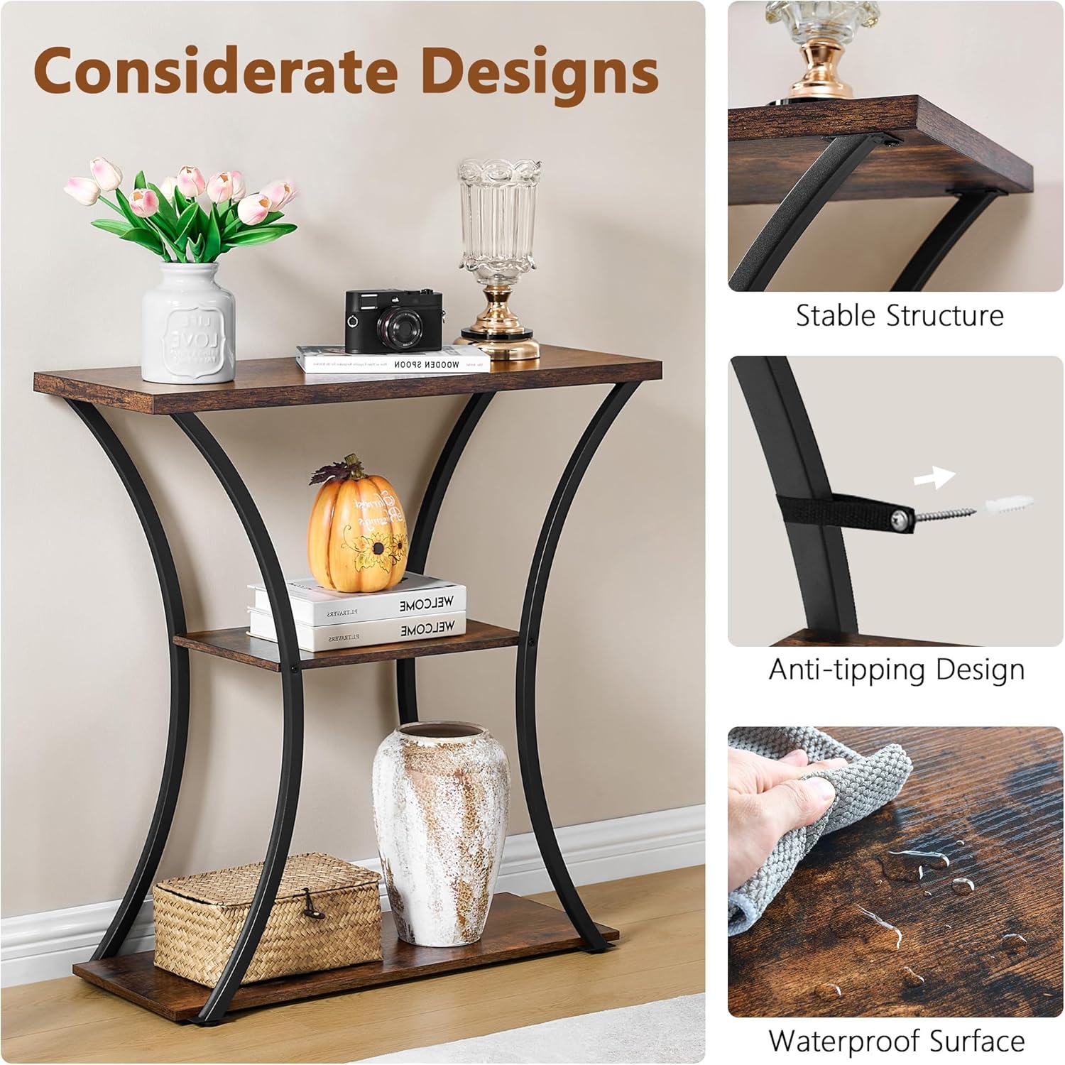 Rustic Brown+Black 3 Tier Console Table with Open Wood Shelves O949