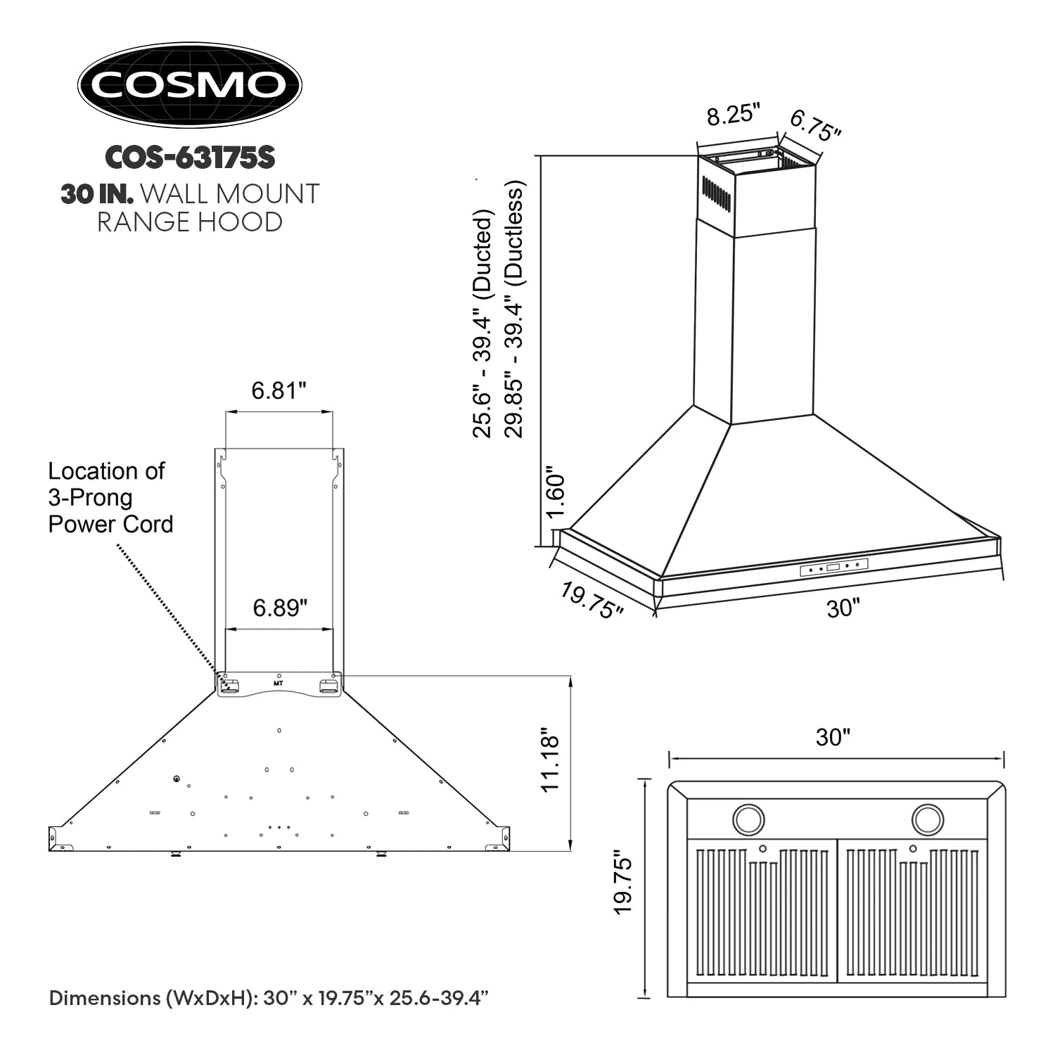 Stainless Steel Ductless Wall Mount Range Hood with LED Lighting and Carbon Filter Kit J7476