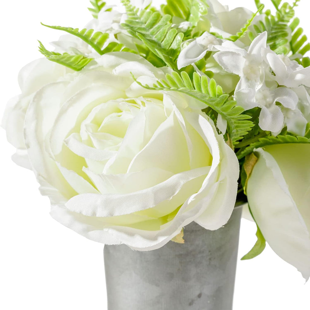 8 Inch Galvanized Metal Decorative Flower Vase with Faux Floral Bouquet, Artificial White Roses V832