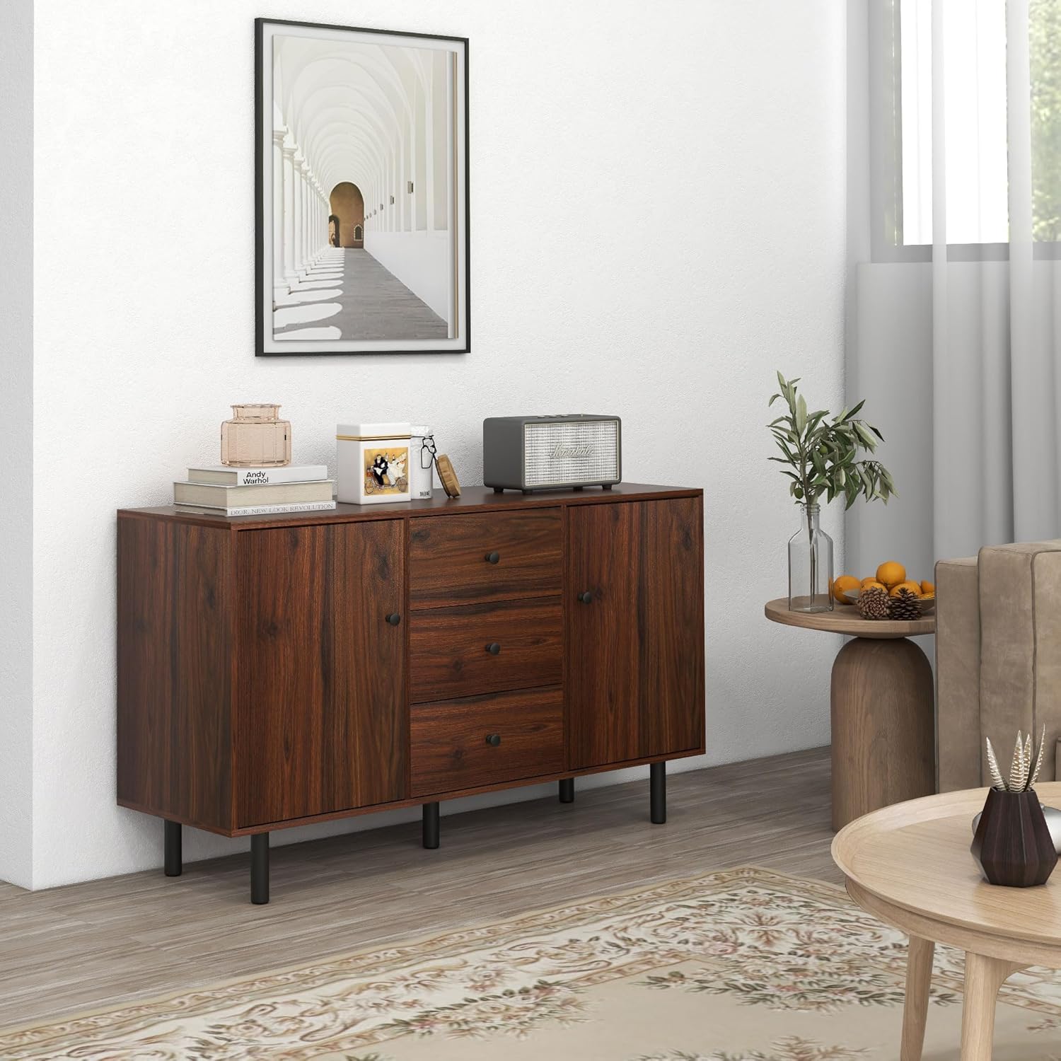 Brown Sideboard Cabinet with 2 Cupboards, 3 Drawers and Adjustable Shelves M658