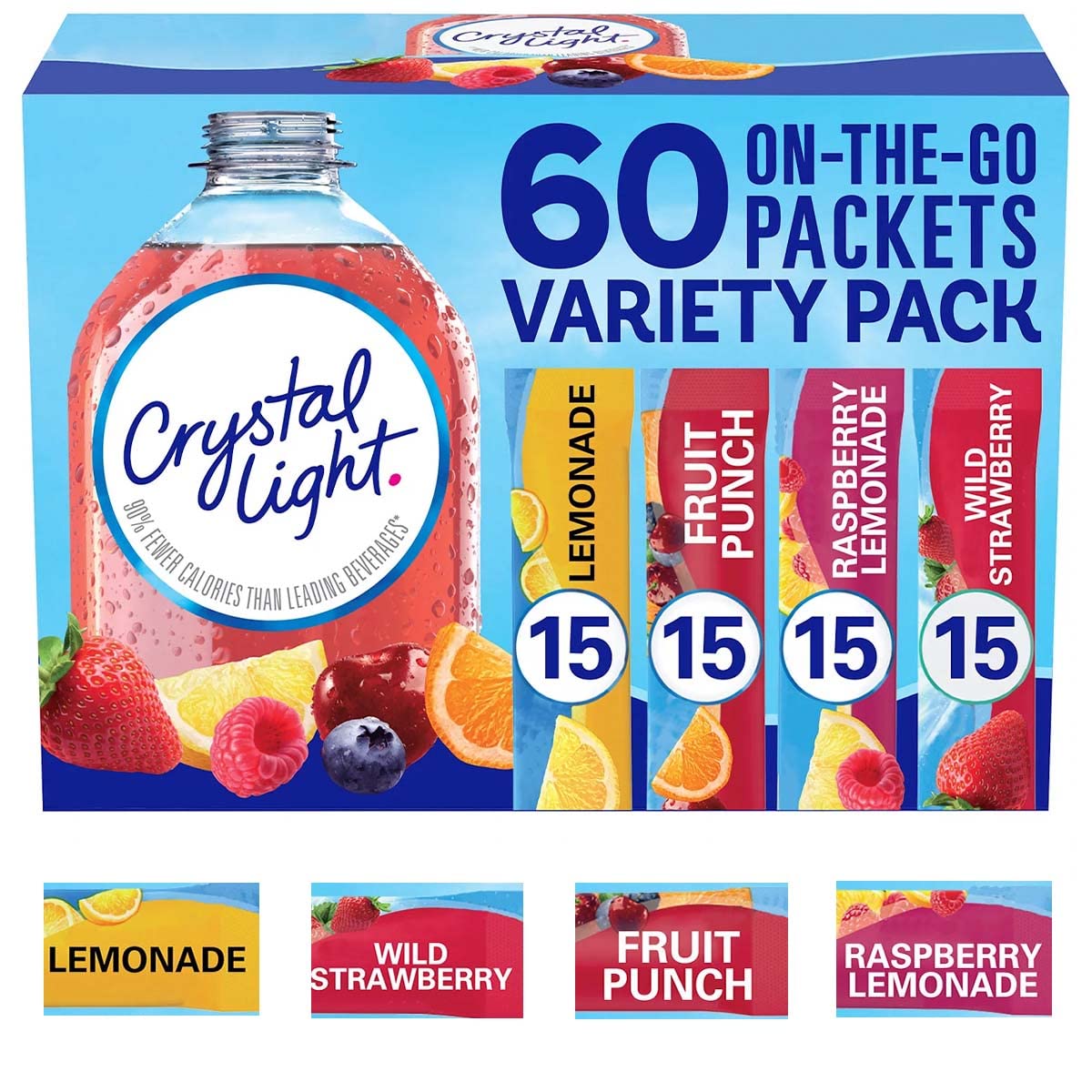 Sugar-Free Lemonade Fruit Punch Raspberry Lemonade Wild Strawberry Powdered Drink Singles Variety Pack, 60 Count R7912