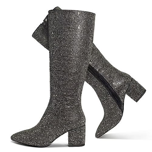 Low Chunky Pointed Toe Ankle Boots with Rhinestone C256746