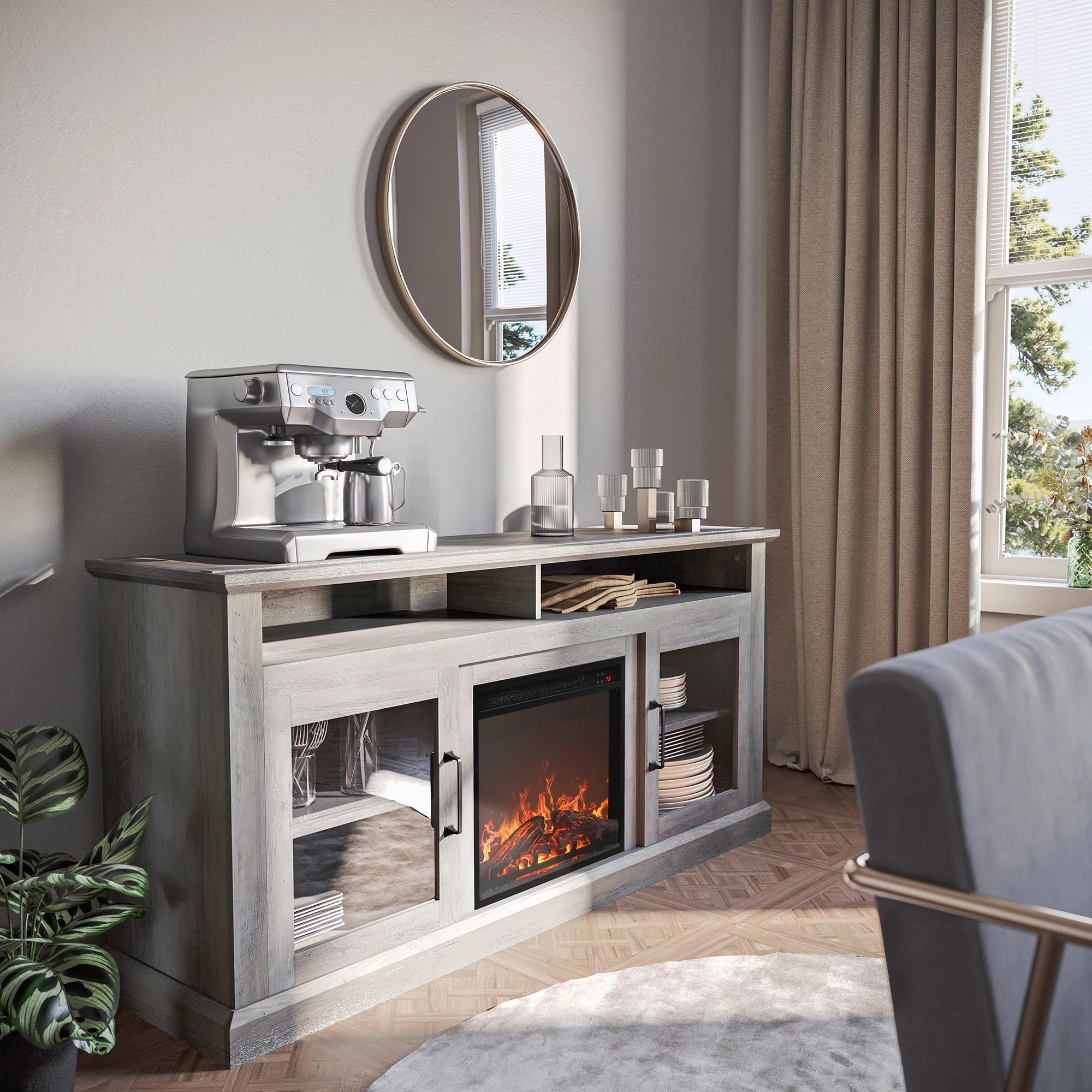 Gray Wash TV Stand with Fireplace K38961