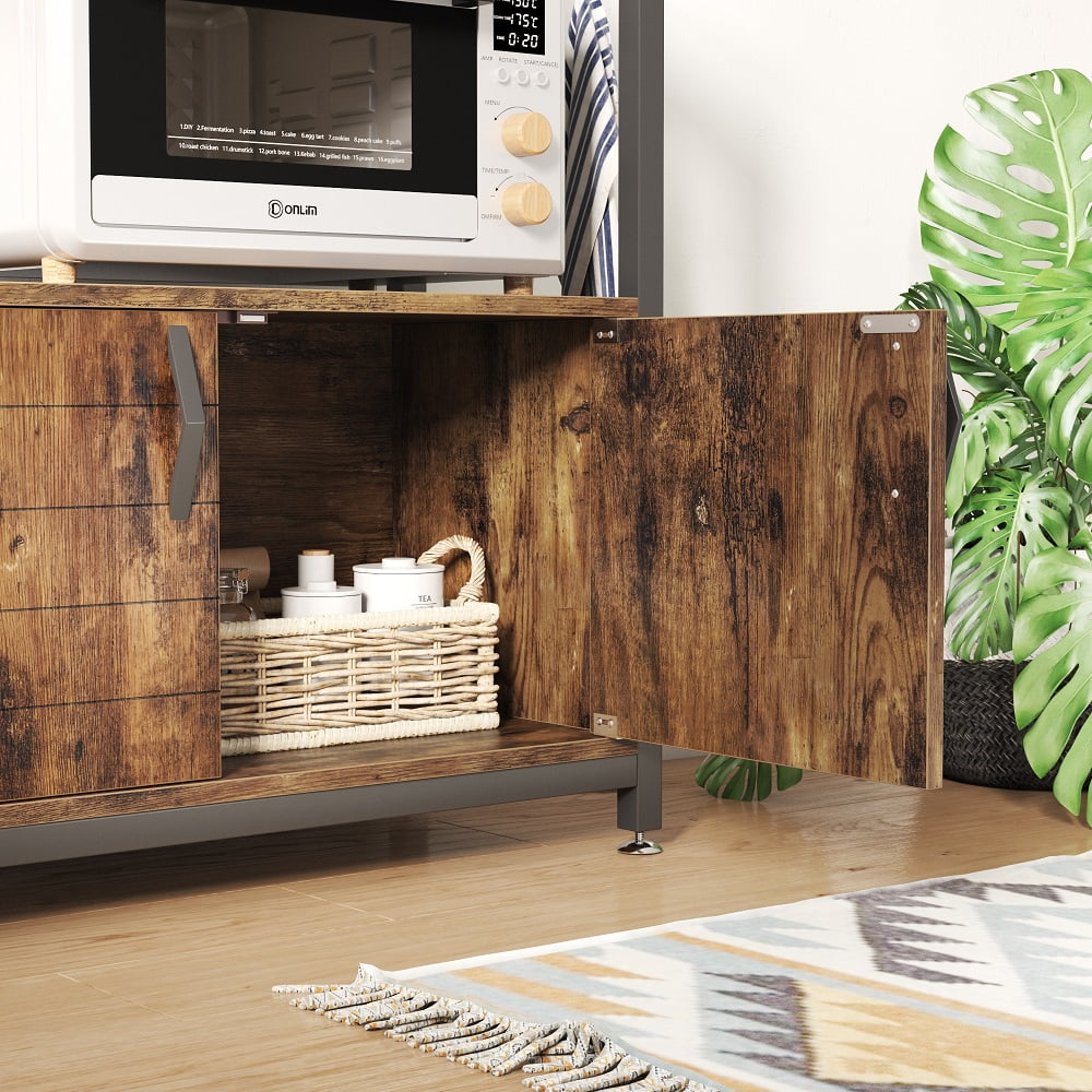 3-Tier Baker's Rack with Cabinet, Kitchen Storage Shelves, Microwave Oven Stand, Coffee Bar with Hooks in Rustic G17349