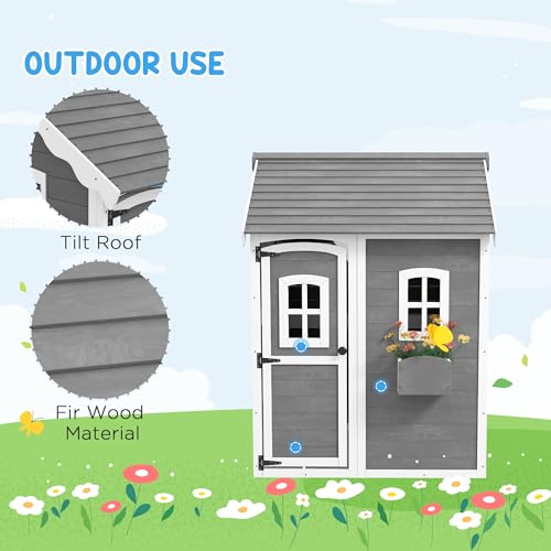 Gray Wooden Playhouse with Floor, Door, Windows & Planter Box F3061