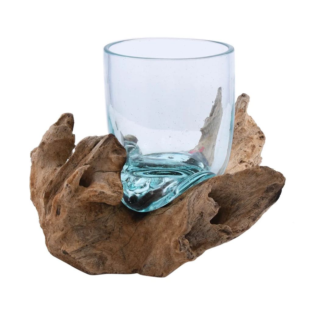 Handblown Molten Drinking Glass with Wood Base Z7206
