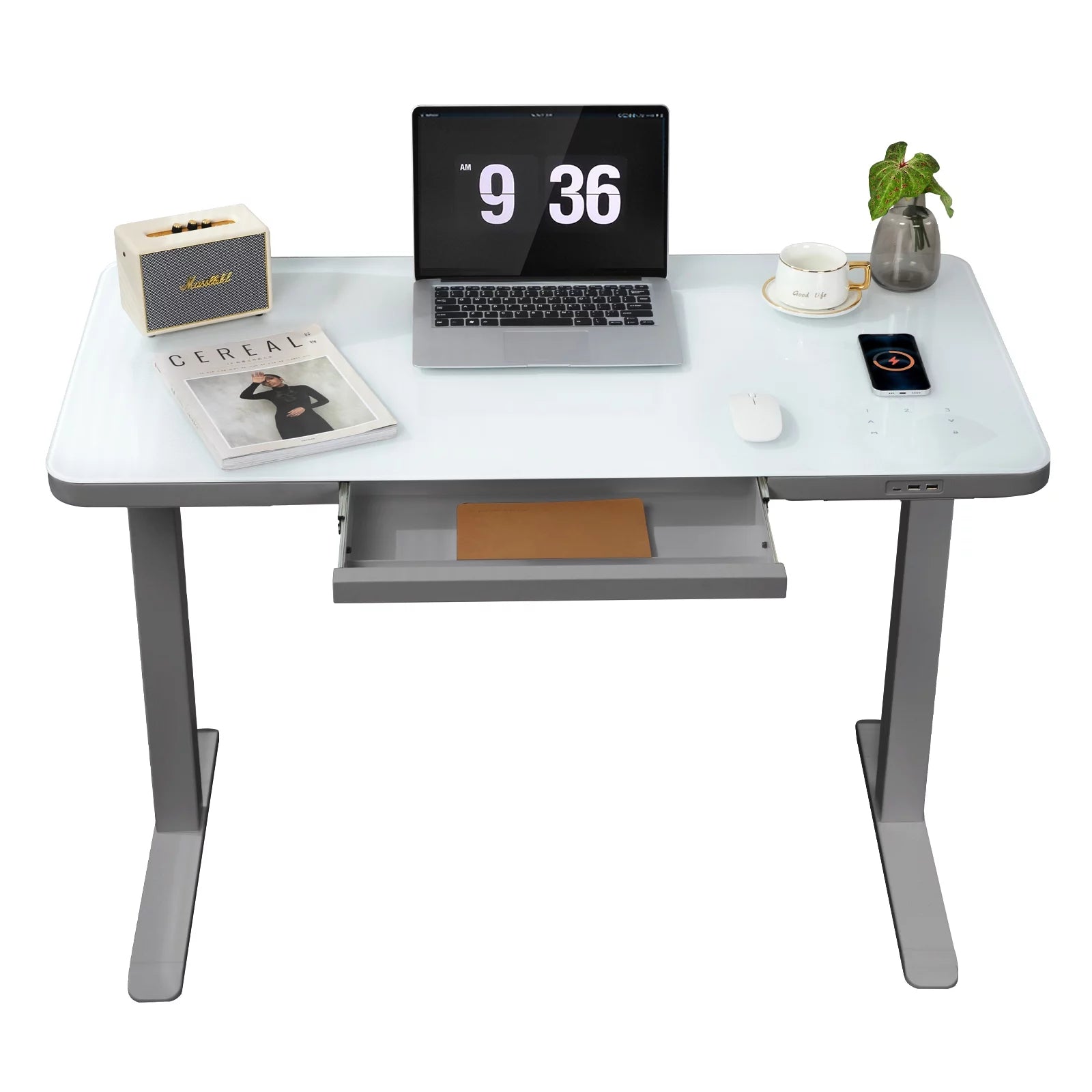 Gray Dual Motor Height Adjustable Desk with Drawer and Tempered Glass Top G69977