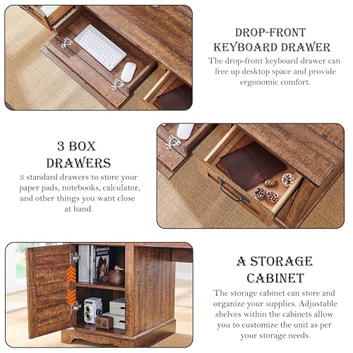 60" Farmhouse Desk with Drawers, Charging Station, Keyboard Tray, File Drawer, Storage Cabinet (Natural Oak) O70035