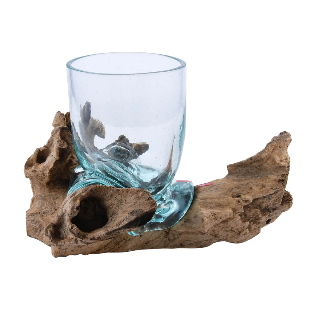 Handblown Molten Drinking Glass with Wood Base Z7206