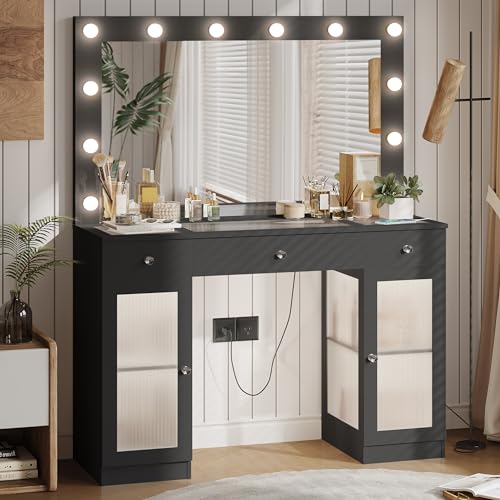 White Glass Top Vanity Desk with Large Mirror and Lights Z44470