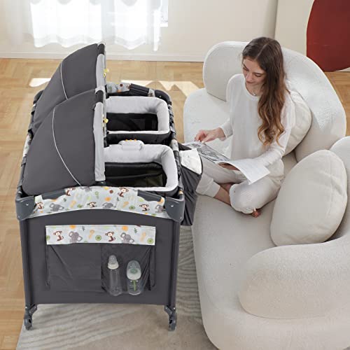 Light Gray Twin Bassinet & Playard with 2 Removable Portable Bassinets Y889754