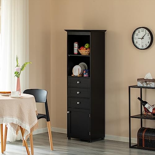Black Tall Freestanding Storage Cabinet with 2 Open Shelves, 3 Drawers Y217107