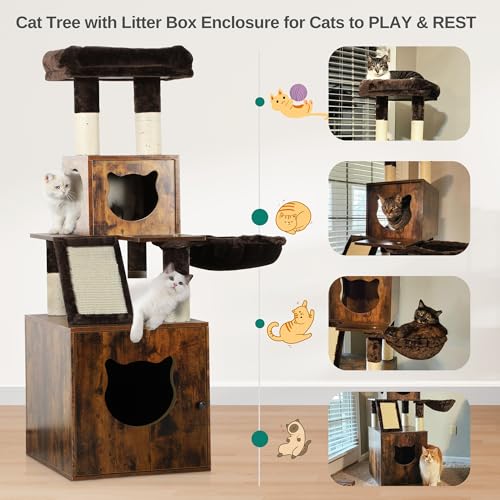 Brown Wooden Cat Tree with Litter Box Enclosure Q776