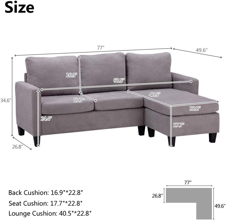 Light Grey Linen Fabric L-Shaped 3-Seat Convertible Sectional Sofa Couch with Reversible Chaise A607