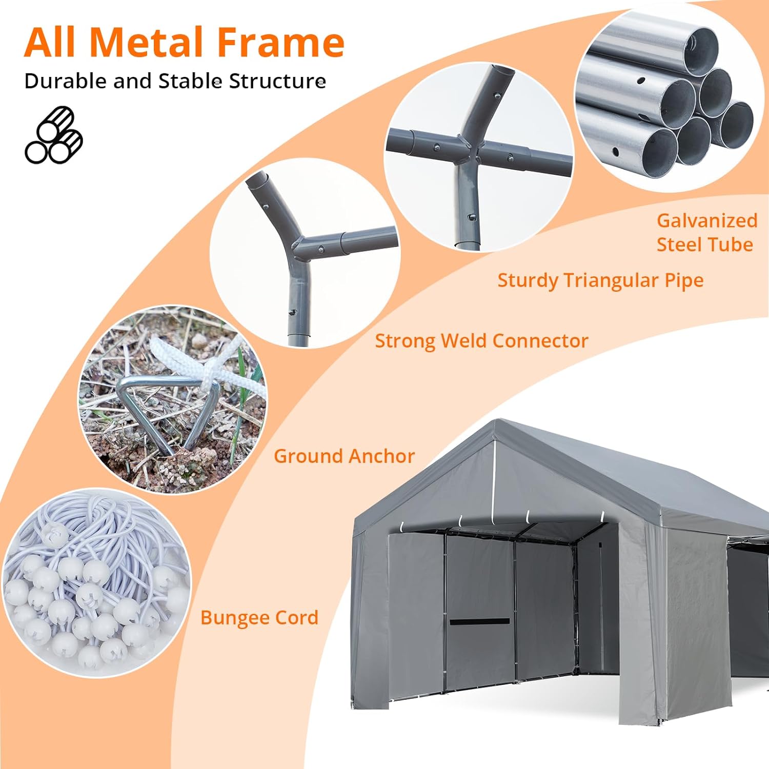 Grey Heavy Duty Metal Frame Carport 13×20 FT with Removable Sidewall & Door K9684