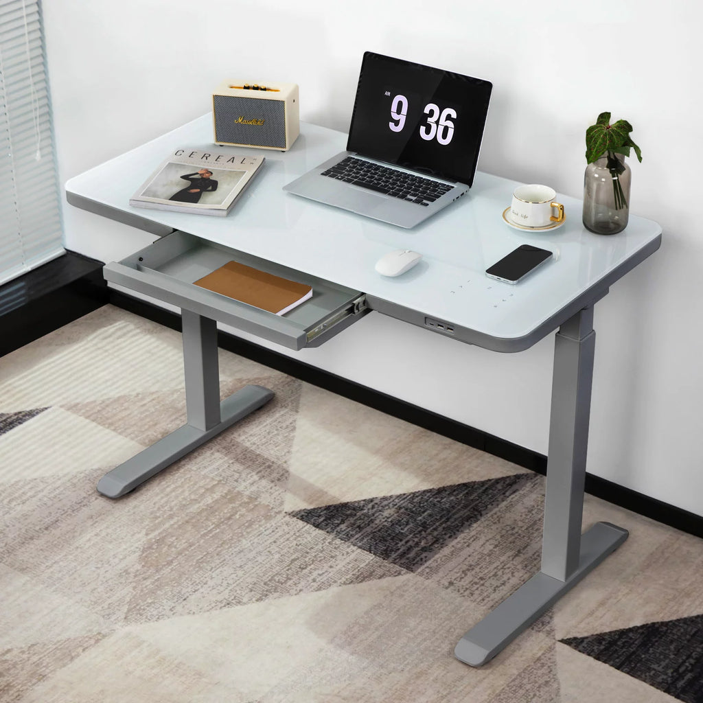 Gray Dual Motor Height Adjustable Desk with Drawer and Tempered Glass Top G69977