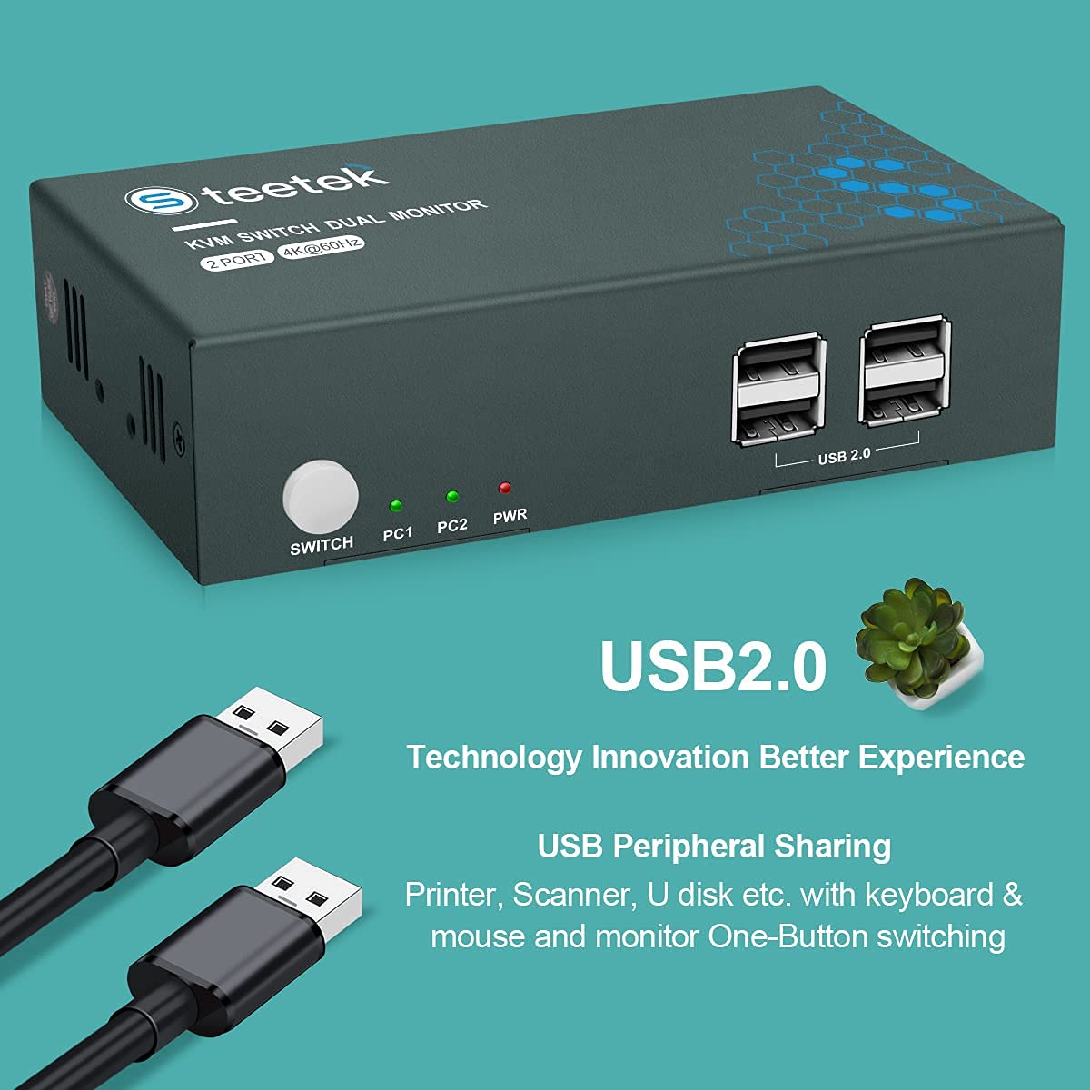 KVM Switch HDMI Dual Monitor, UHD4K@60Hz, 2 Computers Share 2 Monitors, 4 USB 2.0 ports, HDCP2.2 P910582
