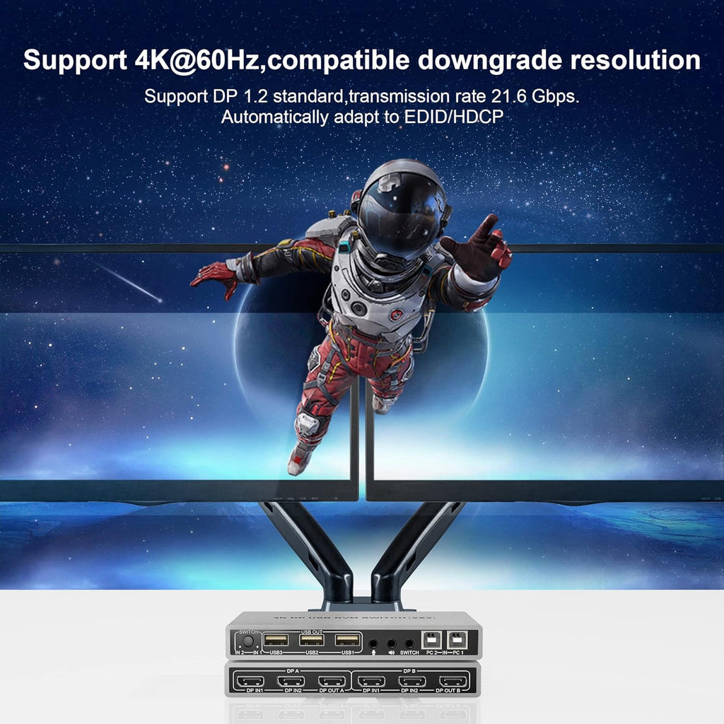 KVM Switch Dual Monitor DisplayPort 4K 60Hz with USB 2.0 Hub and Audio Output P7902