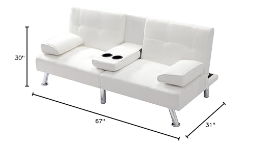 Beige Synthetic Leather Convertible Folding Sofa Bed with Metal Legs Q552