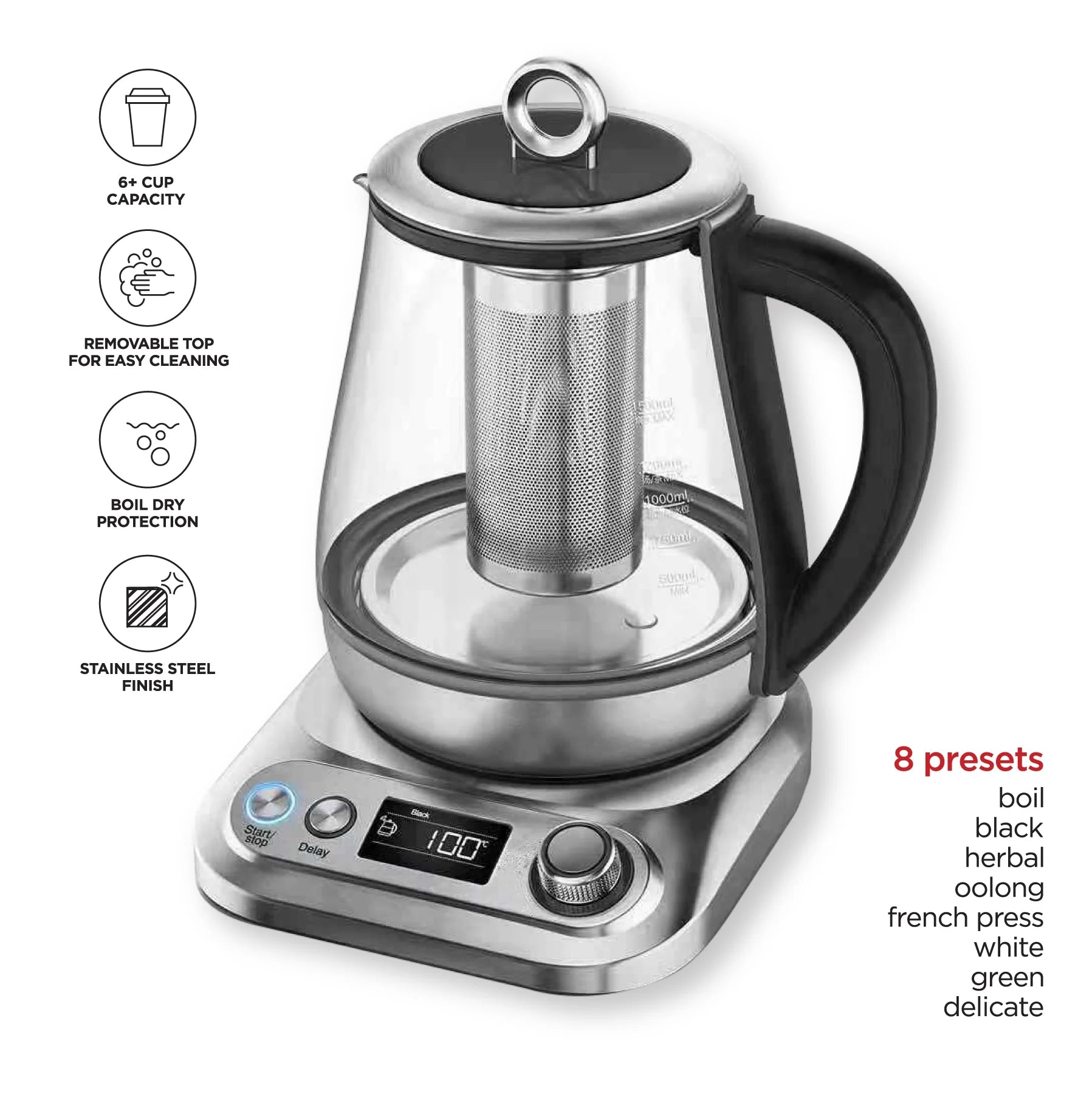 Digital Programmable Glass Electric Kettle, Stainless Steel, 1.5 Liter P4466